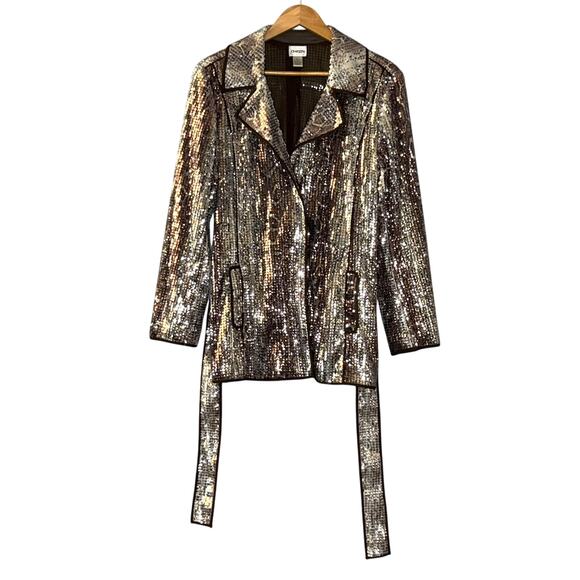 CHICO'S Sequin Snakeskin Lightweight Jacket Tie Belt Glam Statement Size 2-L - Picture 2 of 10